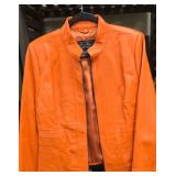 Like New! Vibrant Orange Leather Jacket by Terry Lewis Classic Luxuries Featuring a Stand Collar and Zippered Front - Size M