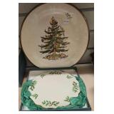 Spode Christmas Tree Paper Plates -Unopened and Lenox Holiday Dimension 7.5" Scalloped Round Serving Tray in Original Box.