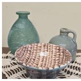 Gray-Blue Glazed Ceramic Jug with a Rounded Handle, Rounded Teal Recycled Glass Vase, and a Handcrafted Ceramic Serving Bowl