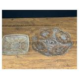 Vintage relish dish, believed to be vintage Hazel Atlas glass, also includes a vintage pressed glass serving plate with saw tooth edge, see pictures for details.