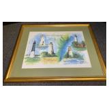 Framed and matted artwork featuring the "Georgia Lighthouses" collage by Southern coastal artist Ronald Williams. See pictures for details.