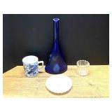 Cobalt Blue Glass Bottle with Long Neck and Assorted Tableware Lot