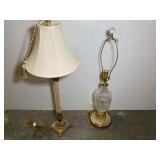 Set of Two Table Lamps Including Wood Post Lamp with Shade and Crystal Glass Lamp with Brass Accents