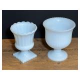 Vintage milk glass pedestal planters, two pieces, see pictures for details.