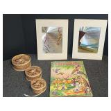 Assorted home decor to include inspirational art printed on a metallic foil background, vintage “Wonders of the Animal Kingdom” child’s activity book, and more. See pictures for details.