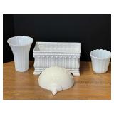 Milk glass vase, also includes a vintage wall pocket planter, sunflower bowl, ceramic planter, and more. See pictures or details.