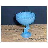 Blue satin frosted glass lotus blossom compote, believed to be vintage Indiana glass, see pictures for details.