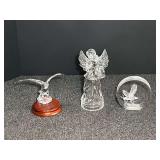 Etched paperweight, glass Angel, and a glass eagle on wood base. Three pieces total, see pictures for details.