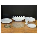 Assorted collectible milk glass dishware, and more, approximately seven pieces, see pictures for details.