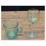 Uranium Glass Lot Featuring Stemmed Glass and Diamond Pattern Mug