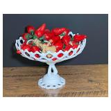 White milk glass pedestal compote or fruit bowl with classic "Doric" open lace or lacy edge pattern, believed to be vintage Westmoreland glass, comes with ceramic “chili peppers”, see pictures for