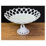 White Milk Glass Pedestal Compote Bowl with Lattice Open Edge, believed to be vintage Westmoreland glass.