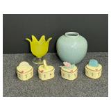 Assorted home decor to include a frosted yellow glass tulip tea light candle holder, heart shaped trinket boxes, and vase, believed to be a vintage celadon-glazed ceramic or porcelain globular jar or 