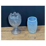 Hobnail glass tumbler/vase, believed to be Fenton, also includes a hobnail pedestal rose bowl or violet vase with a crimped, ruffled rim, believed it to be Duncan & Miller. See pictures or details.