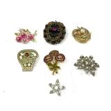 Assorted Lot of Seven Costume Jewelry Brooches Featuring Rhinestones and Enamel