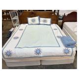Lovely patchwork quilt with Mariners compass design. This piece needs cleaning, comes with pillow shams. Believed to be twin/full-size. See pictures or details.