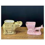 Vintage pink ceramic donkey and cart planter, believed to be vintage McCoy, also includes a vintage elephant planter. See pictures for details.