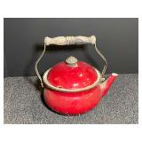 Red Enamelware Tea Kettle with Wooden Handle and Lid