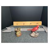 Cardinal figurine, leprechaun figurine, wooden coat/hat hook, and more. Four pieces total, see pictures for details.