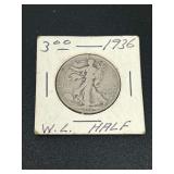 1936 Walking Liberty Half Dollar Coin in Cardboard Holder