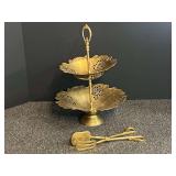 Brass Tidbit server, includes plated tongs. See pictures for details.