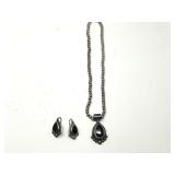 Mexican Sterling Silver 925 Black Stone Teardrop Necklace and Earrings Set