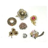 Assorted Floral and Rhinestone Costume Brooches Lot of 7