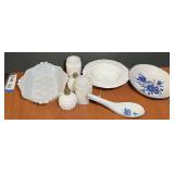 Vintage milk glass dishware to include milk glass salt and pepper shakers, creme jars, candy/trinket dish, believed to be vintage Anchor Hocking, and more. See pictures for details.