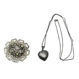 Mexican Sterling Silver Floral Brooch and Engraved Heart Locket Necklace Set