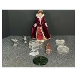 Assorted home decor to include trinket boxes, glass stopper, miniature doll, and more. Tub is not included, see pictures for details.