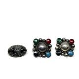 Mexican Sterling Silver Multi-Stone Clip Earrings and Marcasite Brooch Lot