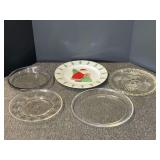 Assorted kitchenware to include pie plate, deviled egg plate, cake plate, Christmas platter, and more. Five pieces total, see pictures for details.