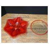 Red Swirl Art Glass Bowl, believed to be vintage Viking glass "Epic" Persimmon console bowl, and Clear Glass Plate with Red Rim, believed to be vintage Anchor Hocking.