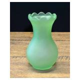 Green Satin Glass Vase with Ruffled Rim