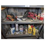 ALL ITEMS ON BOTTOM TWO SHELVES MARKED 3077 INCLUDING DRILL, 90Ã‚Â° DRILL HEAD, SKIL BRAND BELT SANDER, POWERSHOT STAPLER, SHOP AUTO CLEANING SUPPLIES, AND MORE