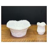 LR… Vintage milk glass bowl with sawtooth edge, comes with matching toothpick holder, believed to be vintage LE Smith glass. See pictures for details.