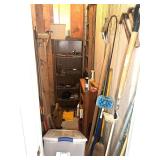 Garage… Garage storage closet lot, includes entire content of  gardening tools, plant dolly, bookshelves, plastic totes, wooden ladder, and more. See pictures for details.