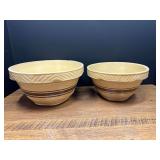 Kit...Two Yellow Ceramic Mixing Bowls with Brown Striping