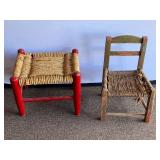 Garage… Vintage doll chair with rush seat, also includes a vintage stool with rush seat, see pictures for details.