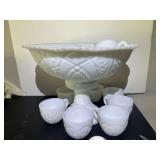 Garage…Vintage milk glass punch bowl set with a pedestal base and matching handled punch cups. Believed to be McKee glass "Concord" pattern. See pictures for details.