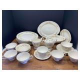 Garage…Vintage Homer Laughlin Eggshell Georgian Countess dinnerware line featuring a delicate pink and yellow floral garland. Approximately 30+ pieces, includes serving dishes, platters, dinner plat