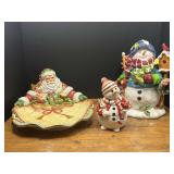 BR2… ceramic Christmas decor to include a Fitz & Floyd Santa Claus platter,  and Fitz & Floyd two piece snowman. Also includes a decorative ceramic snowman figurine, three pieces total, see pictures