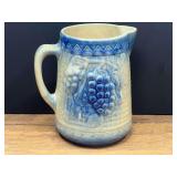 Kit...Salt Glazed Stoneware Pitcher with Blue Grape and Vine Relief, believed to be vintage Northstar pottery