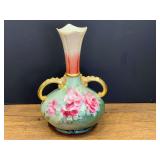 LR...Hand-Painted Floral Porcelain Vase with Gold-Tone Handles