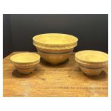 Kit...Set of Three Yellow Ware Mixing Bowls with Painted Stripes and USA Base Markings