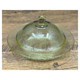 Bath…Vintage yellow depression glass round covered butter dish in the Florentine No. 2 (Poppy) pattern made by the Hazel-Atlas Glass Company during the 1930s. See pictures for details.