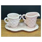 LR...Pink Glass Daisy and Button Pattern Creamer, Sugar, and Tray Set, believed to be vintage Fostoria