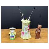 Garage…Vintage miniature Toby jug creamer pitcher, molded resin figurine/sculpture with a simulated clay/wood look, and antique porcelain hatpin holder, specifically a hand-painted floral piece prod