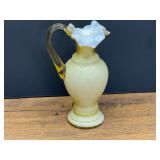 LR... Art Glass Pitcher with Ruffled Rim, believed to be vintage Fenton honey amber overlay pitcher.