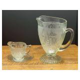 Kit...Clear Pressed Glass Pitcher and Creamer Set with Underplate, believed to be vintage Jeanette glass, iris and herringbone pattern